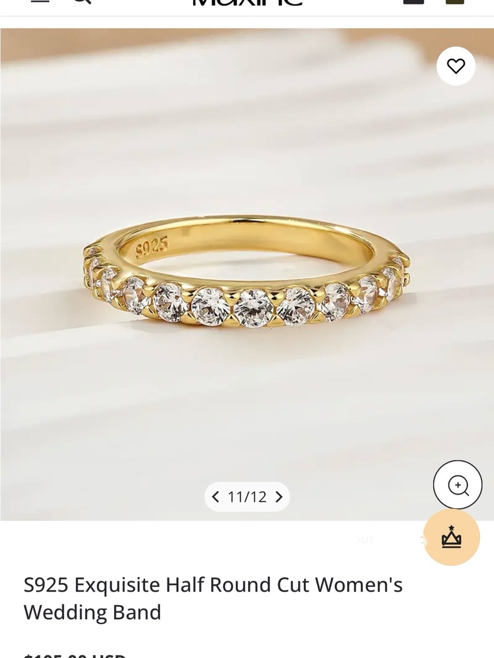 S925 Gold Half Round Cut Women's Wedding Band with Clear Stones